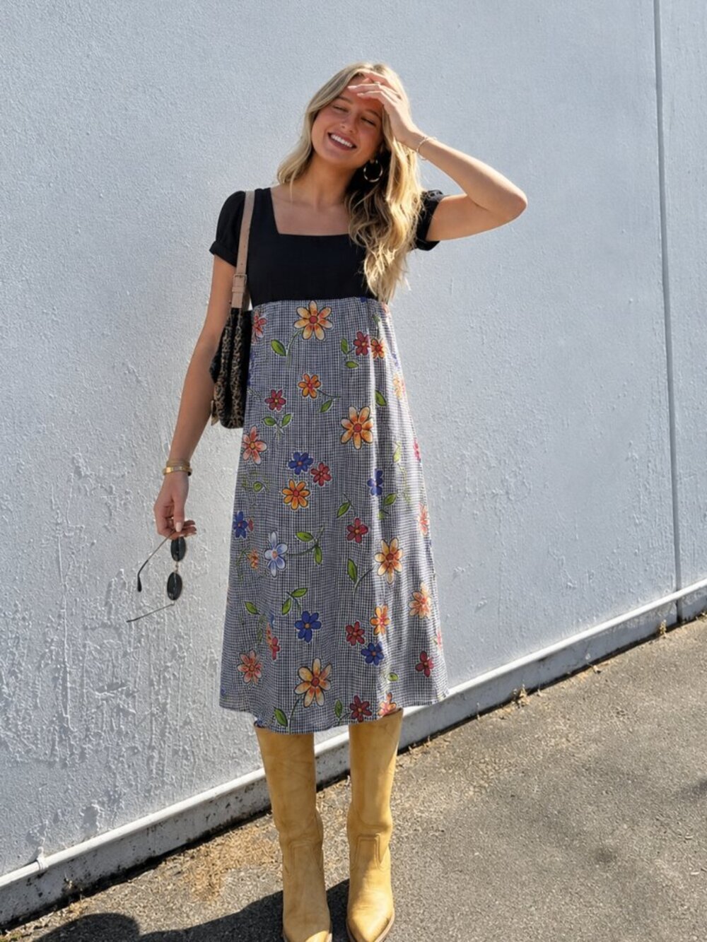 90's Babydoll Midi Dress Size Medium Empire Waist Boho Floral Plaid Print